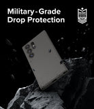 Galaxy S24 Ultra Case | Onyx - Onyx phone case floating above jagged rocks with debris and military-grade protection badge.