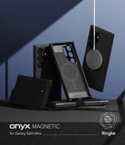 Galaxy S24 Ultra Case | Onyx Magnetic - Black magnetic phone cases for Galaxy S24 Ultra, one attached to a wireless charger.