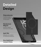 Galaxy S24 Ultra Case | Onyx Magnetic - Exploded view of phone case showing polycarbonate, magnet, TPU, and lanyard holes.