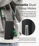 Galaxy S24 Ultra Case | Onyx Magnetic - Black phone case with dual strap holes holding a green lanyard and small bag.