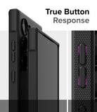 Galaxy S24 Ultra Case | Onyx Magnetic - Close-up of black phone case buttons with purple highlights showing tactile response.