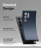 Galaxy S24 Ultra Case | Onyx - Navy blue phone case showing soft TPU, micro-dot texture, and lanyard holes features.