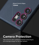 Galaxy S24 Ultra Case | Onyx - Close-up of phone case highlighting 1.2mm raised camera edges with pink outlines for protection.
