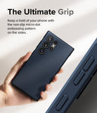 Galaxy S24 Ultra Case | Onyx - Hand holding a dark blue phone case showing the textured side grip and camera cutouts.
