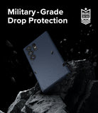 Galaxy S24 Ultra Case | Onyx - Dark blue phone case floating above jagged rocks with military-grade drop protection text.