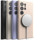 Galaxy S24 Ultra Case | Silicone Magnetic - Four silicone phone cases in black, grey, purple, and beige with a magnetic charger.