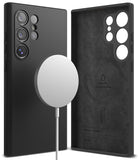 Galaxy S24 Ultra Case | Silicone Magnetic - Black magnetic silicone case shown from back and interior views.