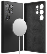 Galaxy S24 Ultra Case | Silicone Magnetic - Black magnetic silicone case shown from back and interior views.