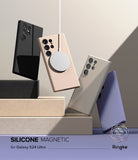Galaxy S24 Ultra Case | Silicone Magnetic - Four colorful silicone phone cases floating above blocks with a magnetic charger.