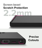 Galaxy S24 Ultra Case | Silicone Magnetic - Close-up of 2.2mm screen bezel protection and precise port cutouts on a black case.