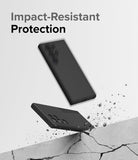 Galaxy S24 Ultra Case | Silicone Magnetic - Black phone case bouncing off a cracked concrete surface with text.
