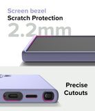 Galaxy S24 Ultra Case | Silicone Magnetic - Close-up of 2.2mm raised screen bezel and precise port cutouts on a lavender case.