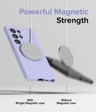 Galaxy S24 Ultra Case | Silicone Magnetic - A lavender phone case attached to a magnetic charger versus a falling phone.