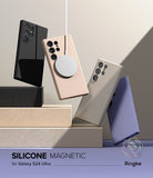 Galaxy S24 Ultra Case | Silicone Magnetic - Four colorful phone cases floating above blocks with a magnetic charger.