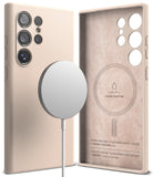 Galaxy S24 Ultra Case | Silicone Magnetic - Beige silicone phone case with magnetic charger and interior branding.