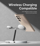 Galaxy S24 Ultra Case | Silicone Magnetic - Beige phone case attached to a chrome 3-in-1 magnetic wireless charger.