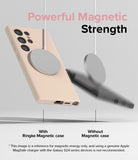Galaxy S24 Ultra Case | Silicone Magnetic - Beige phone case attached to a magnetic charger versus a falling phone.