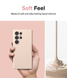 Galaxy S24 Ultra Case | Silicone Magnetic - Hand holding a beige silicone phone case next to liquid silicone pouring.