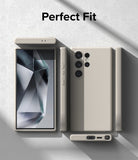Galaxy S24 Ultra Case | Silicone Magnetic - Beige phone case shown from front, back, and side angles on a gray surface.