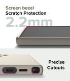 Galaxy S24 Ultra Case | Silicone Magnetic - Close-up of 2.2mm raised screen bezel and precise port cutouts on a beige case.