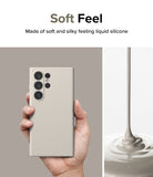 Galaxy S24 Ultra Case | Silicone Magnetic - Hand holding a beige silicone phone case next to pouring liquid silicone.