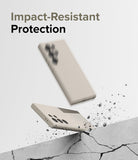 Galaxy S24 Ultra Case | Silicone Magnetic - Beige phone case floating above a cracked concrete surface with debris.
