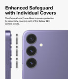 Galaxy S24 Lens Protector | Camera Lens Frame Glass - Galaxy S24 Lens Protector - Three individual lens covers aligning with the camera array of a purple Galaxy S24 phone.
