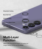 Galaxy S24 Lens Protector | Camera Lens Frame Glass - Galaxy S24 Lens Protector - Exploded view showing five layers of a camera lens protector on a purple smartphone.