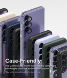 Galaxy S24 Lens Protector | Camera Lens Frame Glass - Galaxy S24 Lens Protector - Multiple Galaxy S24 phones in various colored cases with individual black camera lens covers.