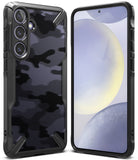 Galaxy S24 Case | Fusion-X - Black camouflage phone case showing the back with triple cameras and the front screen display.