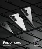 Galaxy S24 Case | Fusion Bold - Multiple clear phone cases with black frames arranged on a dark, patterned background.