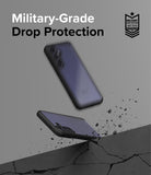 Galaxy S24 Case | Fusion Bold - Two Galaxy S24 phones in black cases floating above a cracked surface with debris.