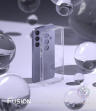 Galaxy S24 Case | Fusion - A clear phone case standing next to a purple Galaxy S24 phone surrounded by floating glass spheres.