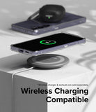 Galaxy S24 Case | Fusion - A clear phone case on a wireless charging pad showing a 70% charge icon on the screen.