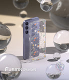 Galaxy S24 Case | Fusion Design - Clear phone case with floral pattern next to a purple Galaxy S24 among glass spheres.
