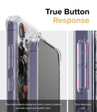 Galaxy S24 Case | Fusion Design - Close-up of clear phone case buttons with notch-cutouts for tactile response and aperture lines.