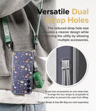 Galaxy S24 Case | Fusion Design - Floral phone case with dual strap holes holding a green lanyard and small accessory bag.
