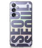 Galaxy S24 Case | Fusion Design - Clear phone case with a repeating Seoul typography pattern over a soft pastel gradient.
