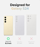 Galaxy S24 Case | Fusion Design - Comparison chart showing compatibility for Galaxy S24, S24+, and S24 Ultra with size labels.