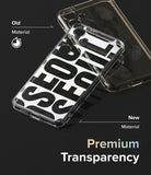 Galaxy S24 Case | Fusion Design - Comparison of a yellowed old phone case and a clear new case with premium transparency.