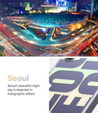 Galaxy S24 Case | Fusion Design - Seoul night cityscape above a phone case featuring holographic letters on a light background.