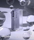 Galaxy S24 Case | Fusion Matte - A matte clear phone case standing next to a purple Galaxy S24 phone amidst floating glass spheres.
