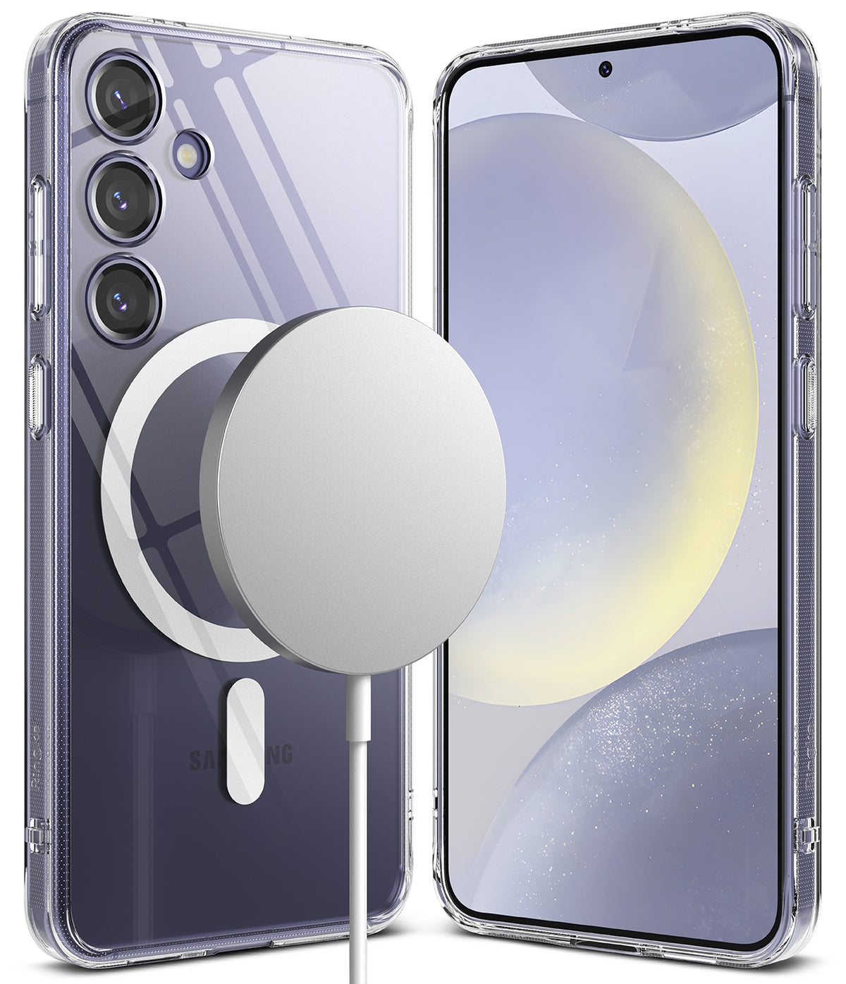 Galaxy S24 Case | Fusion Magnetic - Clear phone case on a Galaxy S24 with a magnetic wireless charger attached to the back.