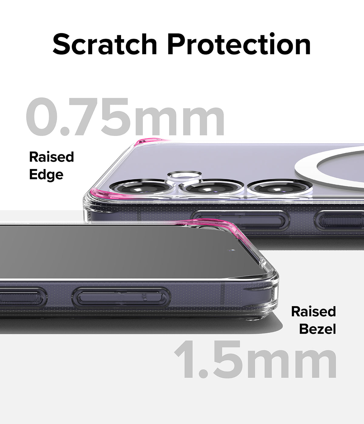 Galaxy S24 Case | Fusion Magnetic - Close-up of phone case showing 0.75mm raised camera edge and 1.5mm raised screen bezel.