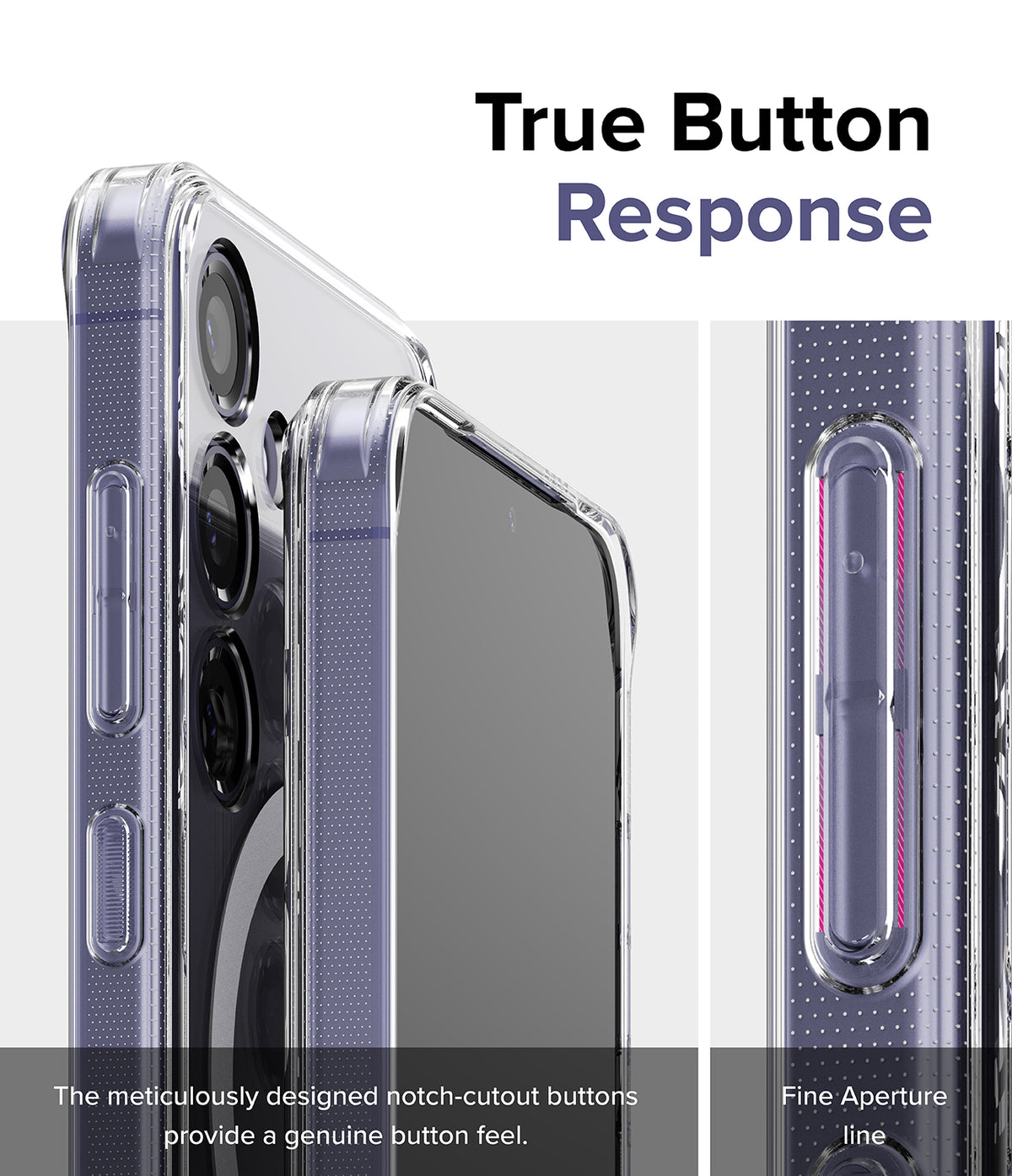 Galaxy S24 Case | Fusion Magnetic - Close-up of clear phone case buttons with notch-cutouts for tactile response.