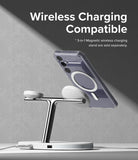 Galaxy S24 Case | Fusion Magnetic - Smartphone in a clear magnetic case attached to a wireless charging stand.
