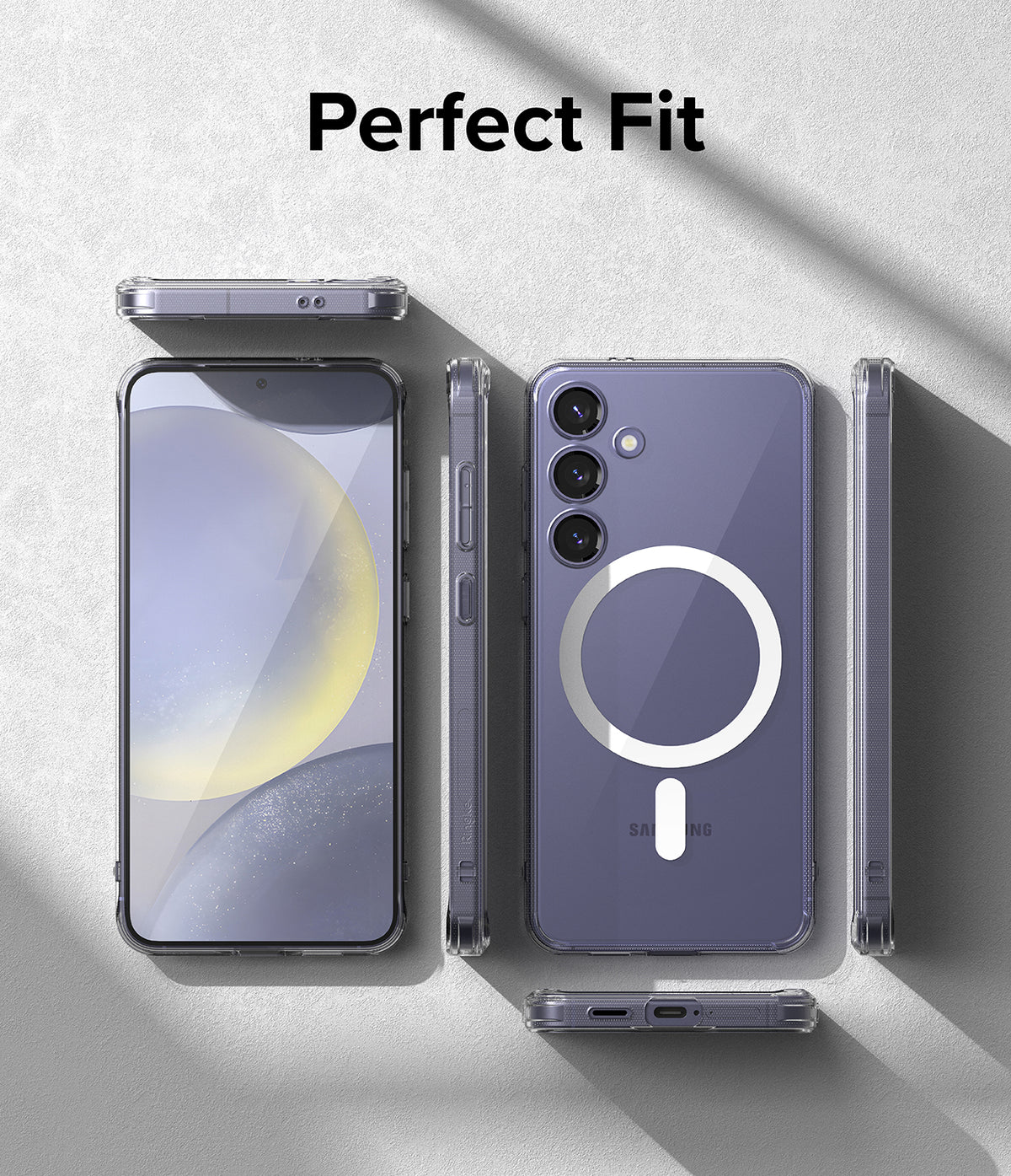 Galaxy S24 Case | Fusion Magnetic - Clear phone case showing front, back, and side views of a Galaxy S24 with magnetic ring.