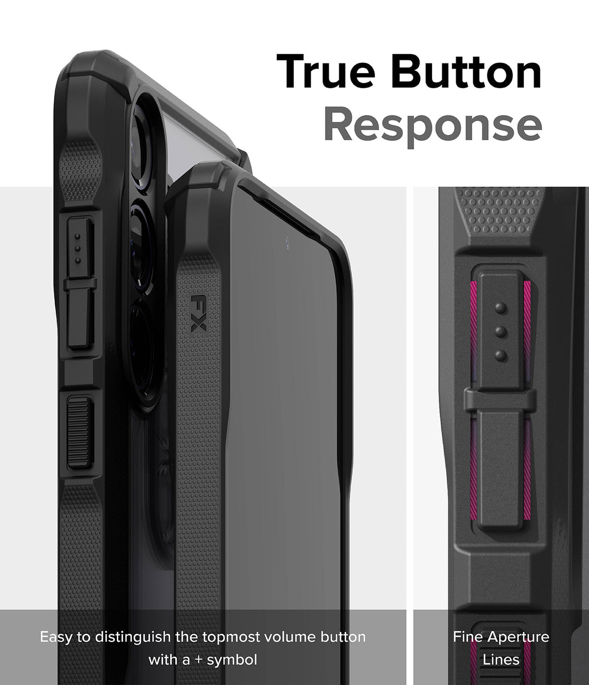 Galaxy S24 Case | Fusion-X - Close-up of phone case buttons highlighting tactile response, plus symbol, and fine aperture lines.