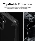 Galaxy S24 Case | Fusion-X - Close-up of a black rugged phone case corner next to a textured rock surface.