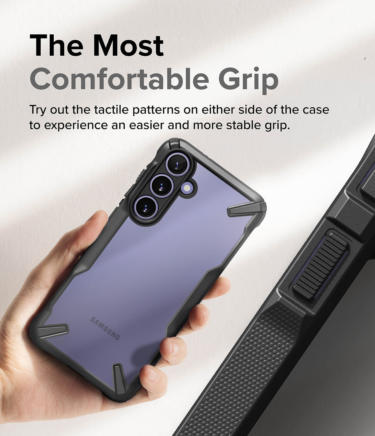 Galaxy S24 Case | Fusion-X - Hand holding a purple Galaxy S24 in a black Fusion-X case with textured side grips.